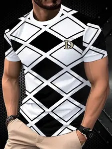Men's Geometric Pattern Short Sleeve Tropical T-Shirt, Slim Fit Fashion Print Top, Grid Trendy Design, Casual Streetwear Long H-Type, Menswear