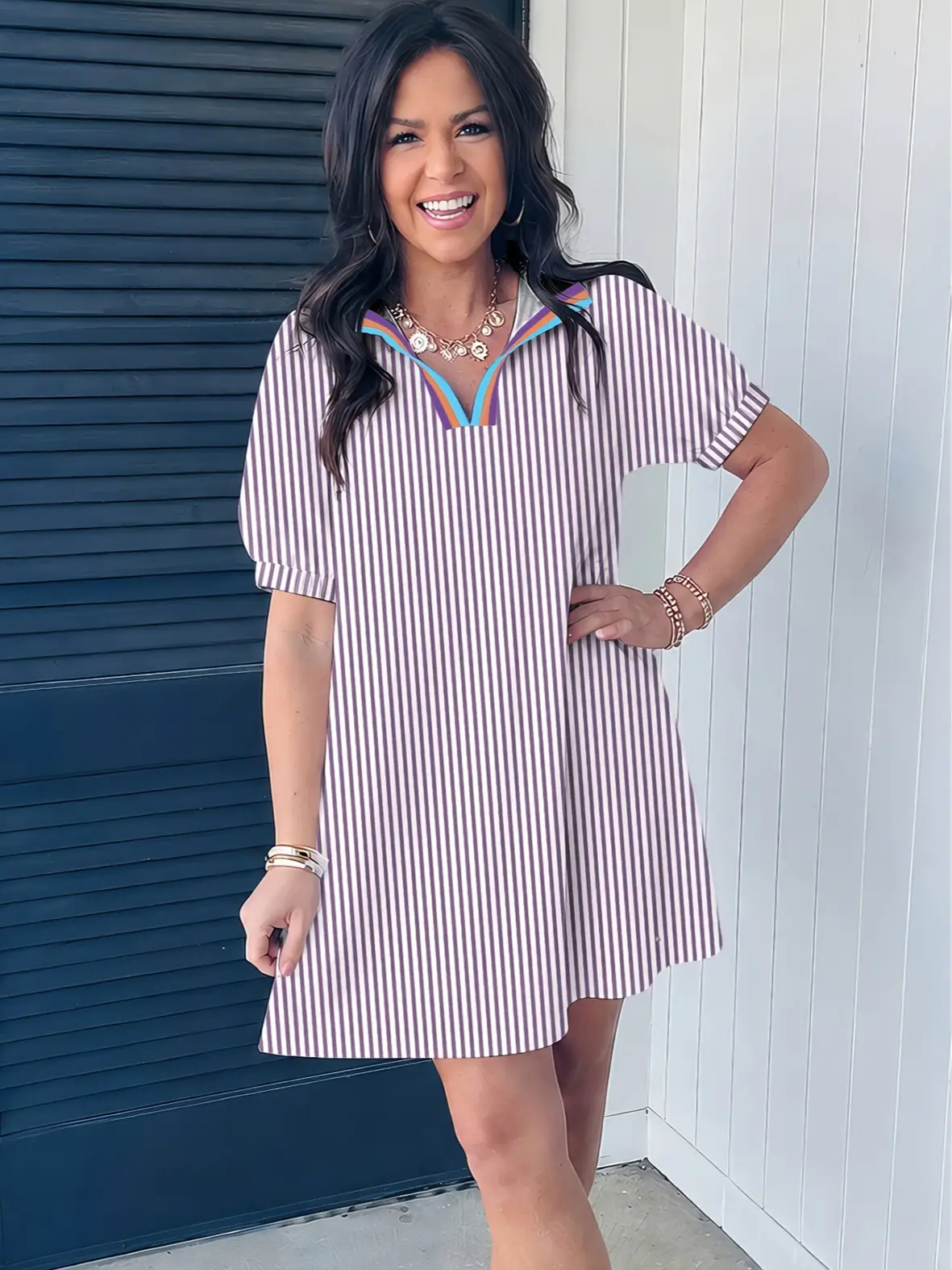 Womens Striped Mini Tunic Dress Women V Neck Color Trim Short Sleeve Loose Shift Dress With Pockets Casual Summer Beach Dress