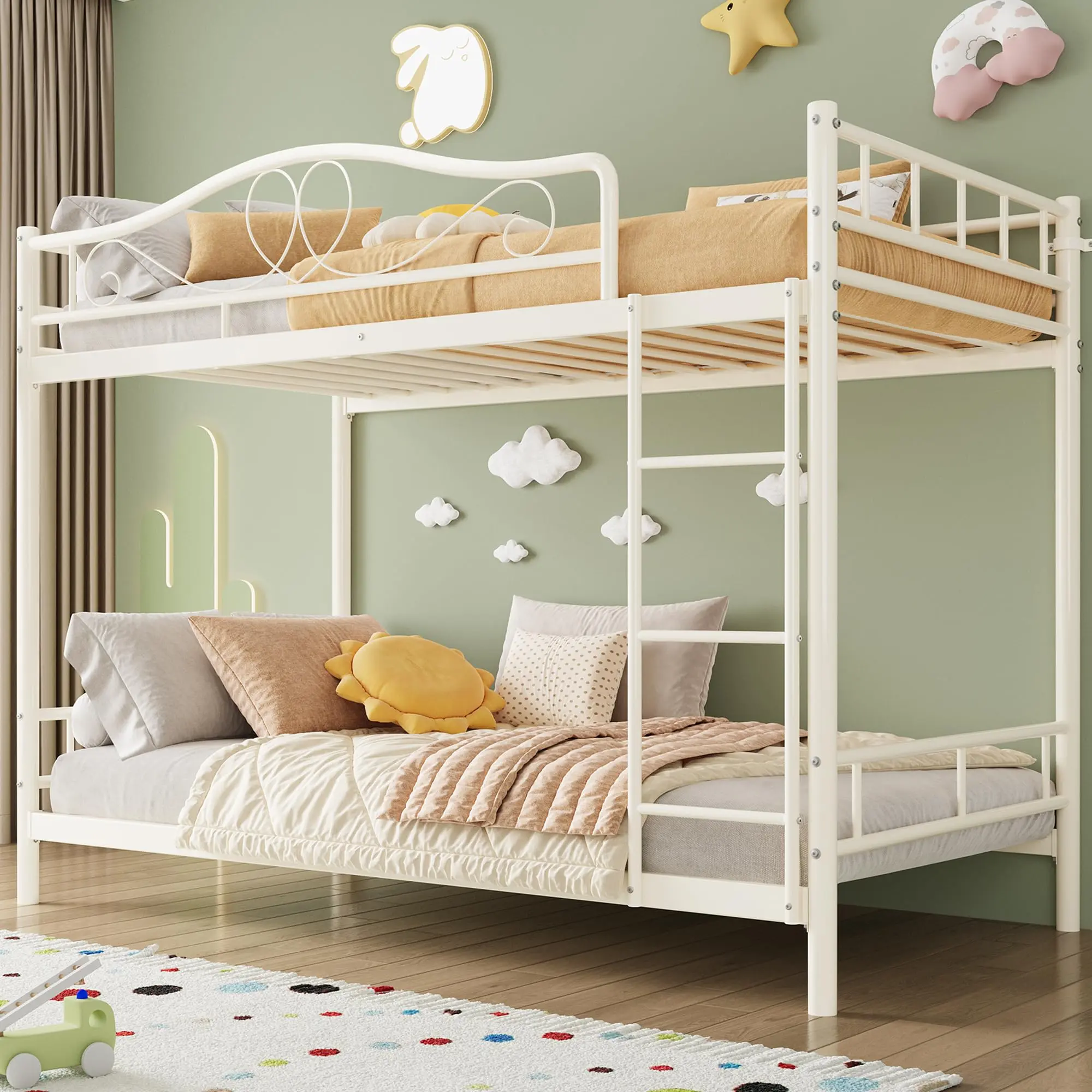 【GARVEE】Cream White Twin Size Iron Bunk Bed - 400 lbs per Bunk Heavy Duty Loft Bed with Ladder, Guardrails, 77.8" x 41.26" x 58.9" Dimensions, Clever Storage, Durable, Noise-Free, No Box Spring Needed, Easy Assembly, Space-Saving for Small Rooms