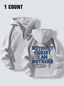 Men's Regular Fit Letter Print Half Zip Hoodie, Graphic Hoodies, Casual Comfy Long Sleeve Hooded Sweatshirt for Daily Wear, Men's Clothes for Fall & Winter, Tops