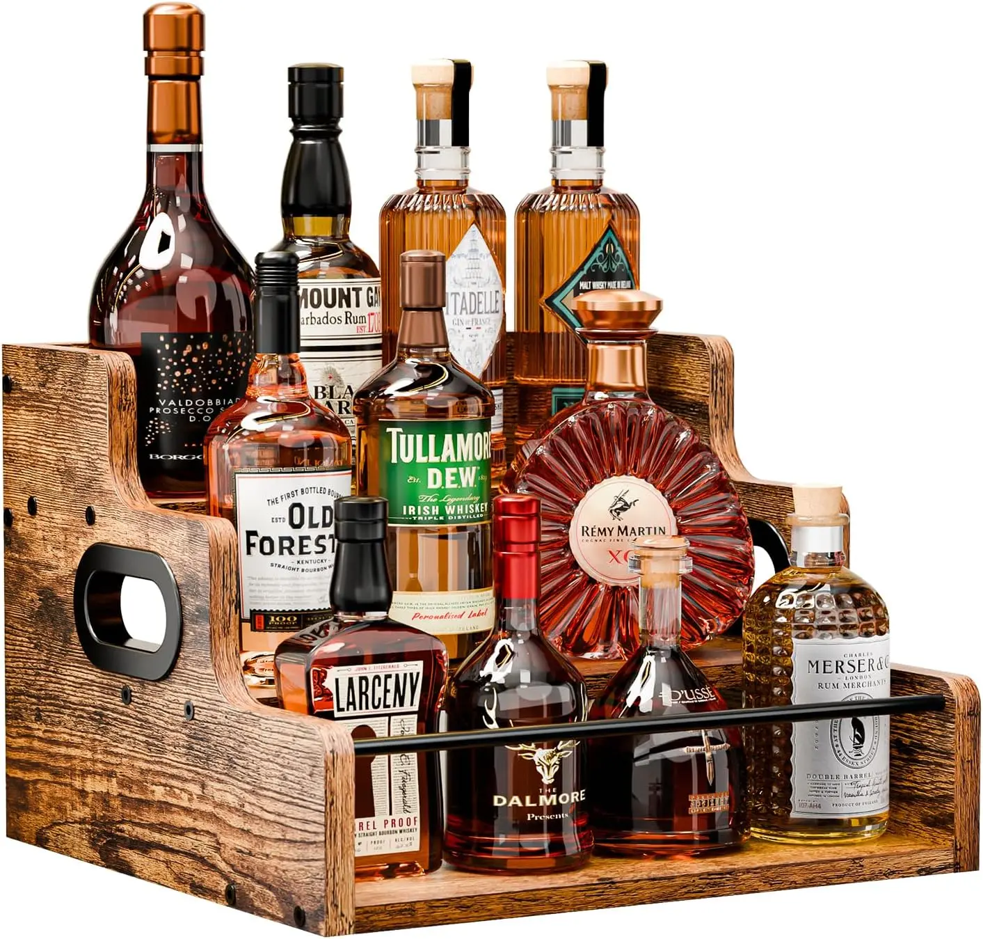 3-Tier Vintage Rustic Wooden Wine Rack - Space-Saving Home Organizer with Safety Rail & Handles, Kitchen Finds Countertop Storage for Liquor, Whiskey, Bourbon, Spirits, Bathroom Organization, Get Organized Home Accessory
