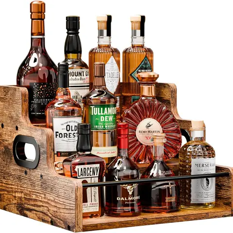 3-Tier Vintage Rustic Burnt Finish Wooden Wine Rack - Farmhouse Retro Fit Home Organizer with Safety Rail, Built-In Handles, Countertop Storage for Liquor, Whiskey, Bourbon, Spirits, Ideal Gift Choice