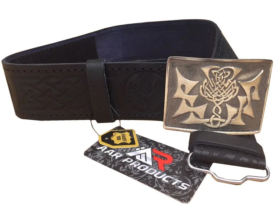 Men's Traditional Scottish Thistle Highland Kilt Belt - Heavy Duty Genuine Leather, 2.25 in (2¼ inches) Wide, Antique Brass Celtic Antique Buckle, Sizes S-2XL, Kilt Accessory Gift Sets for Weddings, Formal Occasions