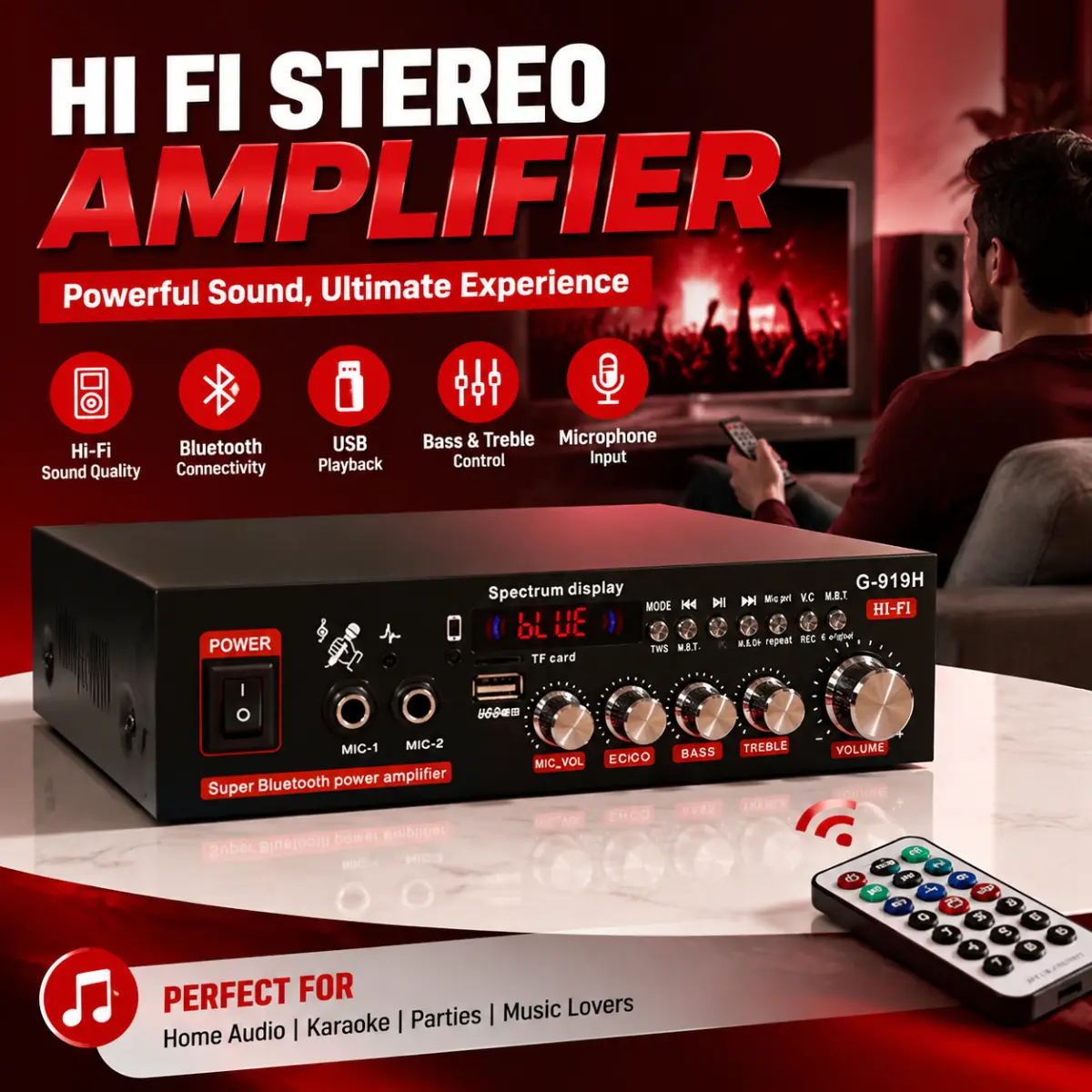 G-919H All-In-1 Karaoke Bluetooth Audio Amplifier, HIFI Stereo Amplifier with Spectrum Display, Dual Mic Ports, Sound Tuning Knobs for Home Entertainment, Small Business Background Music & Compact Phone Use Remote Remote Control