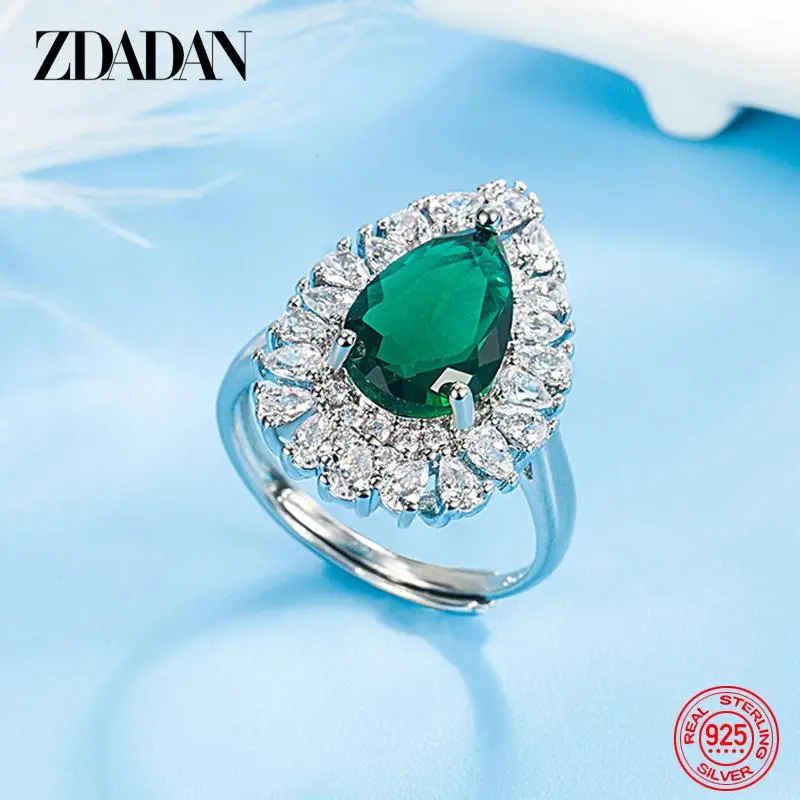 ZDADAN 925 Sterling Silver Water Drop Emerald Adjustable Ring For Women Fashion Jewelry