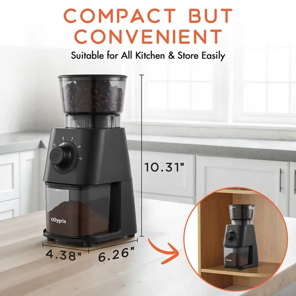 Ollygrin Conical Burr Coffee Grinder Electric, Coffee Grinder with 30 Grind Settings,Compact Burr Mill Grinder for Home Use, 2-12 Cups,black