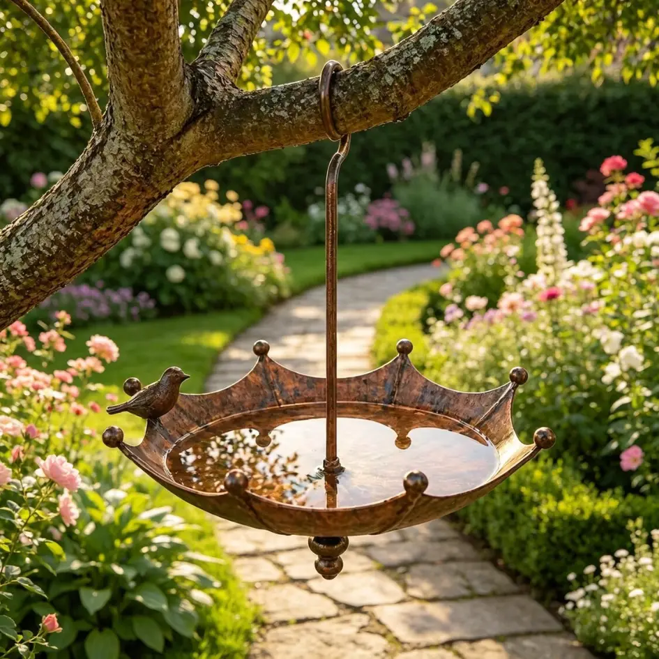 Hanging Rustic Vintage Copper Metal Umbrella Bird Feeder - Weatherproof Fly-Through Seed Catcher Tray, Outdoor Tree Patio Garden Decor, Wild Bird Bath Bowl, Gardener Gift for Mother's Day