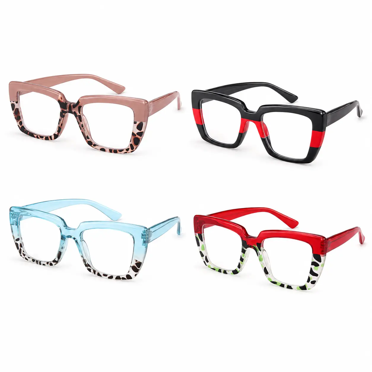 4 Pack Reading Glasses for Women, Oversized Square Fashion Readers with Colorful Pattern Frames for Reading, Work and Daily Use