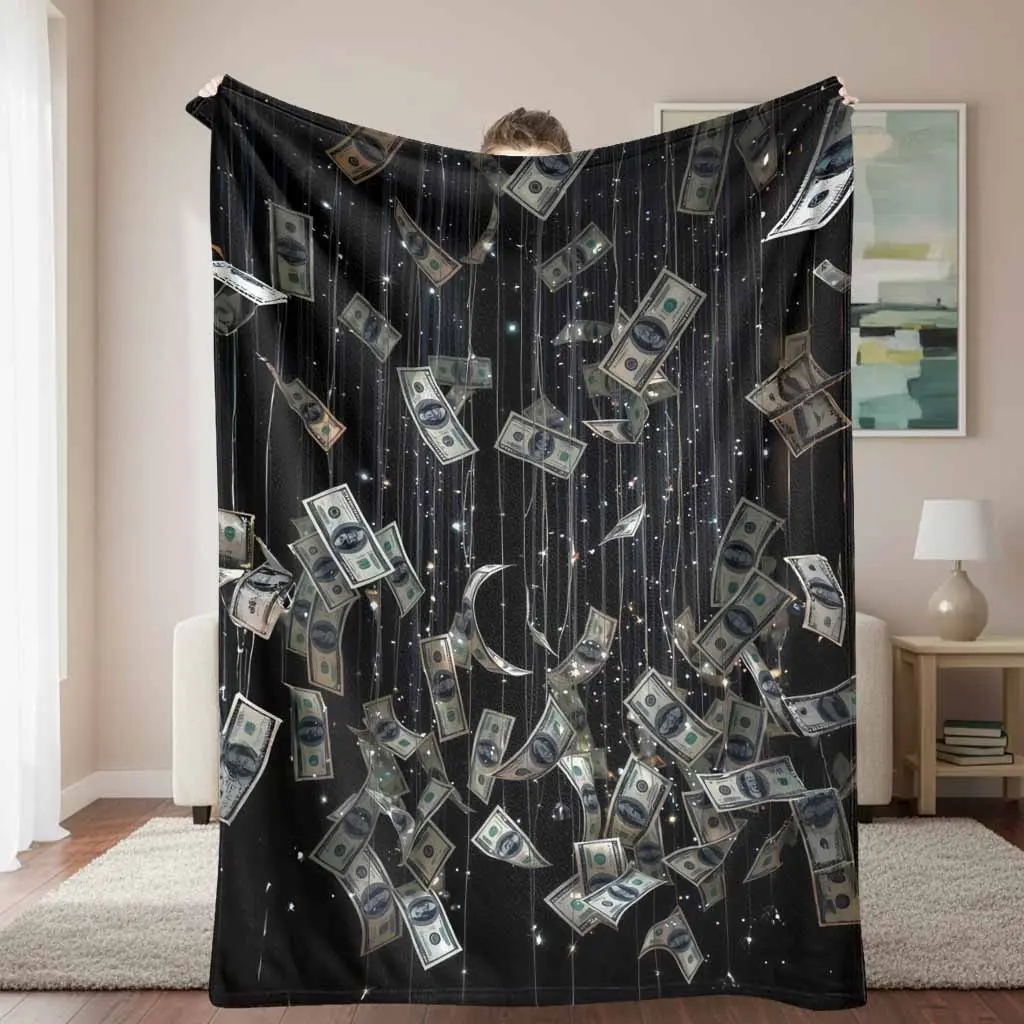 Money Rain Flannel Blanket - Money Theme, Dollar Bills Patterned Graphic Print, Lightweight Cozy Warm, Ideal Gift for Financial Analysts, Bedroom Decor, Money Theme Blankets, Patterned Graphic Blankets