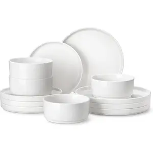 12 count Porcelain Dinnerware Set, Modern White Dish Set for 4,  Serving Plates and Bowls Sets, Chip and Scratch Resistant Dishware Sets Kitchen Dishes Dining Ware Set, Series LEAH