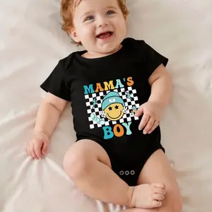 Mama's Boy Smiley Checkered Hat Print Bodysuit Baby Rompers Short Sleeve Cotton Toddler Rompers Graphic Print Baby Clothes One-Piece Outfit
