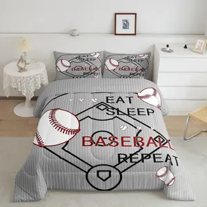 Baseball Comforter Set,Baseball Court Comforter,Eat Sleep Baseball Ball Pattern Bedding Set,Gaming Sports Theme Grey Bedroom Home Decor Quilt Set