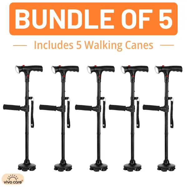 VIVA CARE Walking Stick with LED Light & Alarm Bundle of 5 – Lightweight, Foldable, Adjustable, Quad Base, Size L