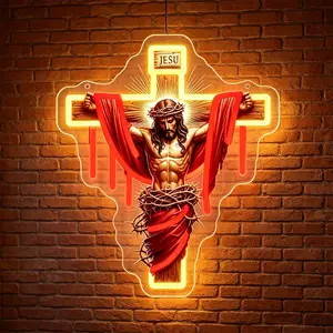 1 PC Jesus Crucifixion Neon Sign, Acrylic LED Christian Wall Decor, USB Powered Religious Night Light for Bedroom, Church, Gift for Believers