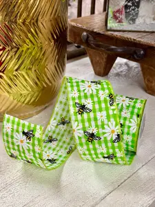 2.5 Inch By 10 Yard Green And White Bees And Daises Gingham Check Ribbon