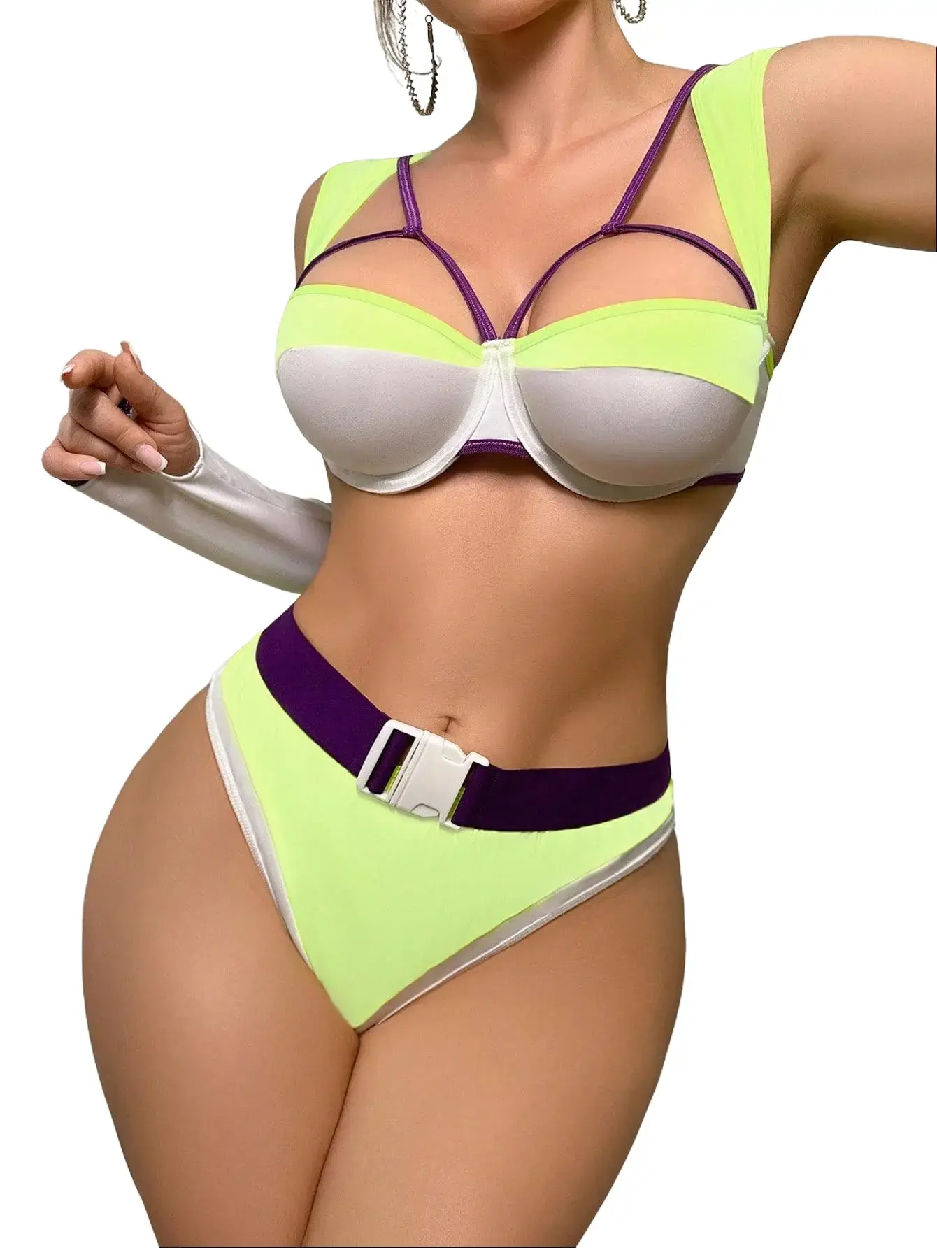 Cyberpunk Colorblock 4-Piece Bikini Set, High-Waist & High-Cut Rave Festival Wear with Underwire Top, Buckle Belt & Arm Cuffs, Bikini Sets, High Waist Cut trade affordable