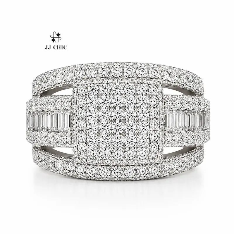 Women's Luxury Iced-Out Square Artificial Gemstone Ring, Sparkling Wide-Band Statement Fashion Jewelry Gift
