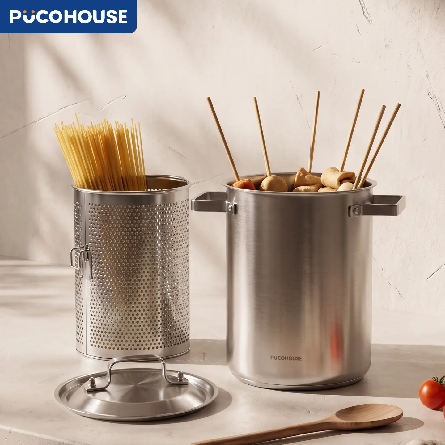 PUCOHOUSE Tall Deep 304 Stainless Steel Hybrid Stock Pot with Mesh Strainer Basket - Korean-Japanese Style Multi-Purpose Induction Ready Pots for Spaghetti, Deep Frying, All Stovetops Kitchen Food Cookware