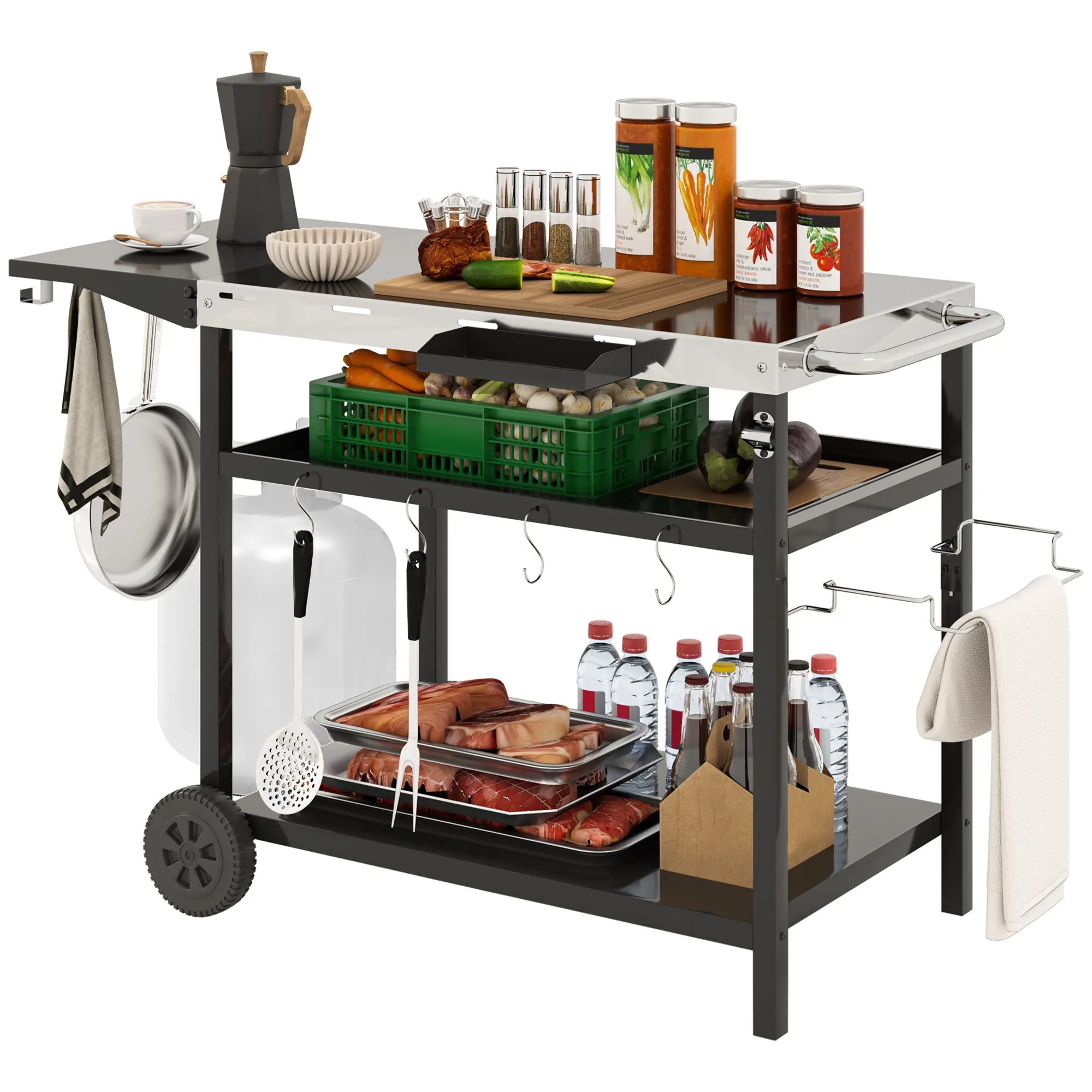 Outsunny Outdoor Grill Cart with Stainless Steel Tabletop, Three-Shelf Movable Grill Table with Wheels, Outdoor Pizza Oven Stand Serving Bar Cart Prep Table with Storage, Hooks for Patio, Backyard