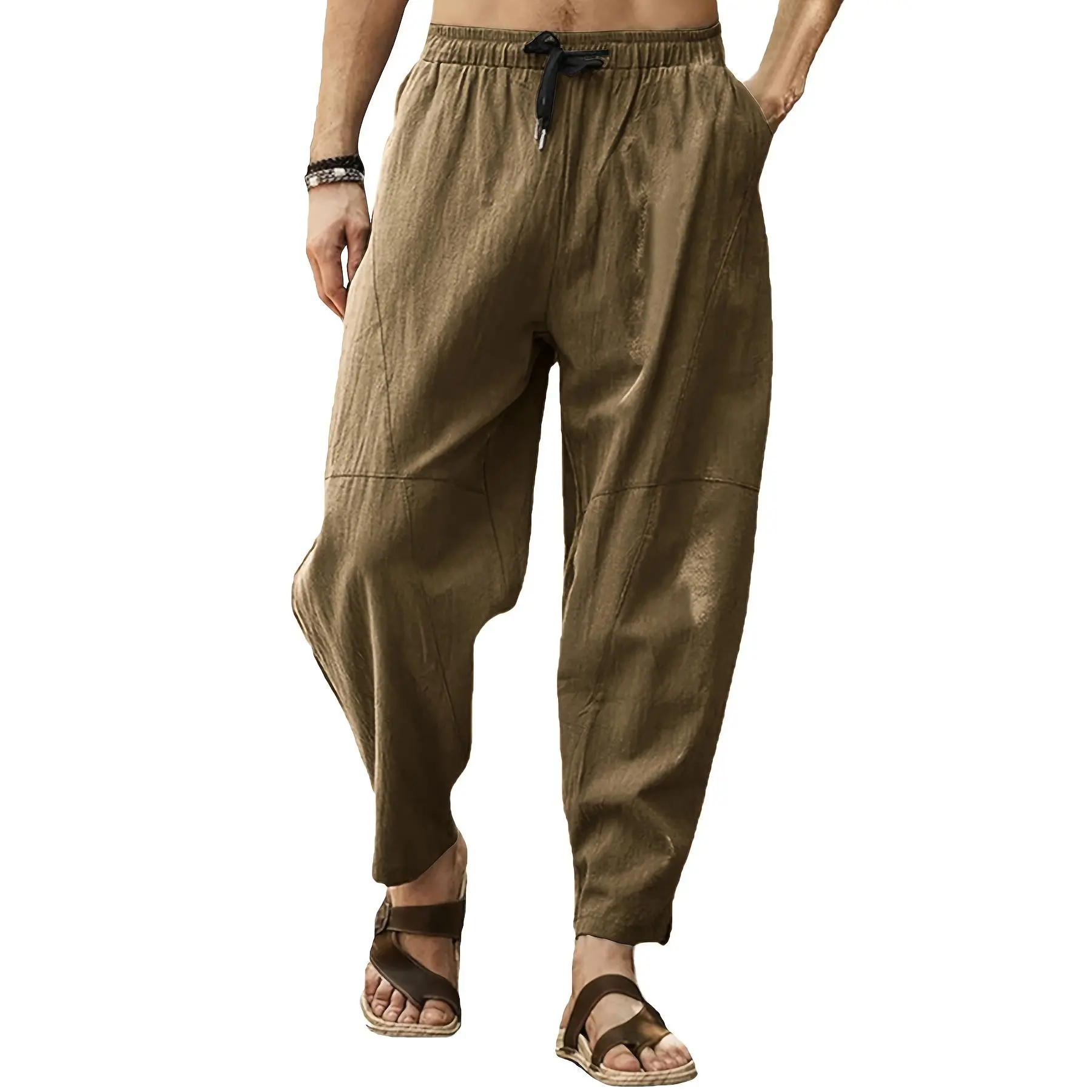 Men'S Drawstring Aladdin Hippie Harlequin Pants Loose Drop Crotch