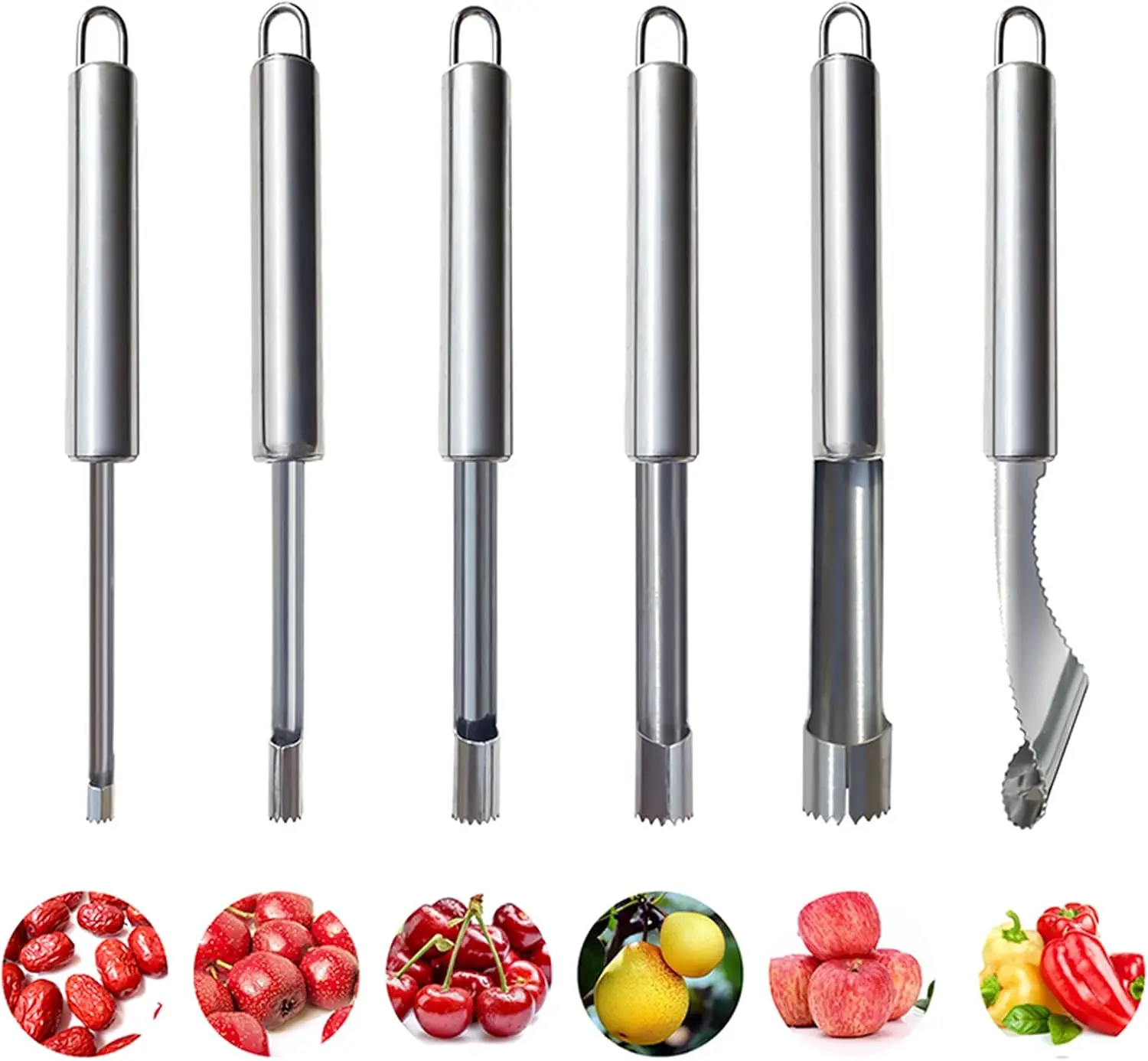 6 count Corer and Pitter Fruit & Vegetable Multi-Function Stainless Corer and Pitter Remover Set for , Pear, Cherry, Jujube, Red Dates, Berry, Chili