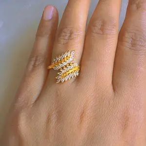 Gold Plated Adjustable Leaf Ring with Stone for Women Elegant Jewelry Accessory