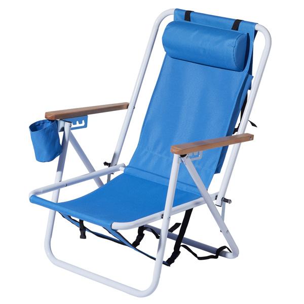Folding Beach Chair Set of 2 for Adults 4 Position Portable Backpack Foldable Camping Chair with Headrest Cup Holder and Wooden Armrests Blue