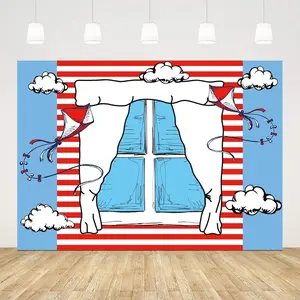 2D Flat Banner Cartoon Window Backdrops, Photography Birthday Party Background, Blue Kite Striped Shower Party Backdrop
