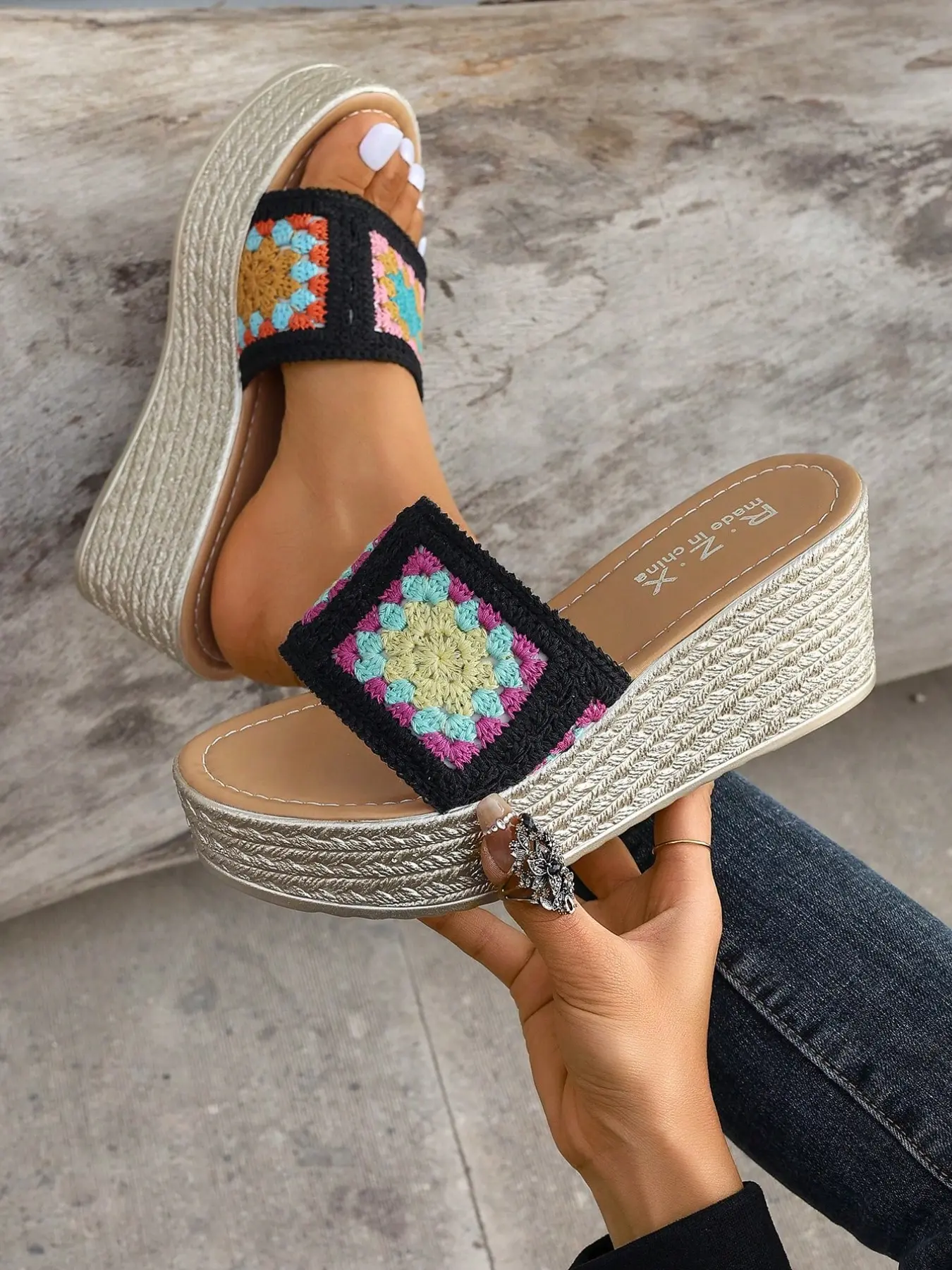 Women's Ethnic Style Colorful Crochet Braided Thick Sole Sandals, Boho Fashion Slip-On Beach Shoes, Non-Slip & Height-Boosting