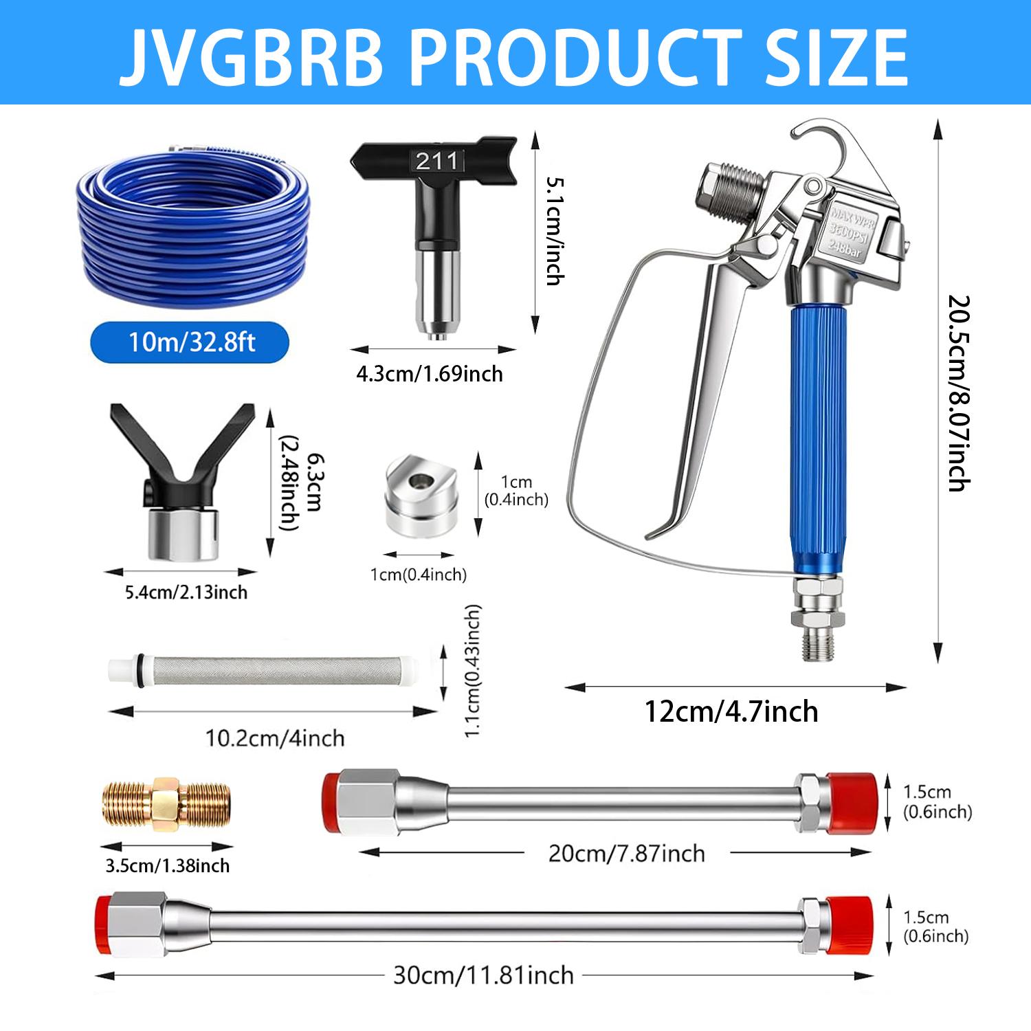JVGBRB 17Pcs Metal Airless Paint Sprayer Gun Full Kit for DIY Hardware Accessories - 3600PSI Airless Gun, 32Ft High Pressure Hose, 5Pcs Reversible Tips, 2Pcs Extension Rod, 5Pcs Filters, 2Pcs Nozzle Seat, 1pcs 1/4-inch Double-ended Male Thread Nipple, Alu
