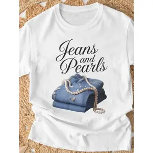 Jeans & Pearls Graphic Women's T-Shirt - 220g Pure Cotton Short Sleeve Round Neck Casual Top with Denim & Pearl Design, Machine Washable All-Season Comfort