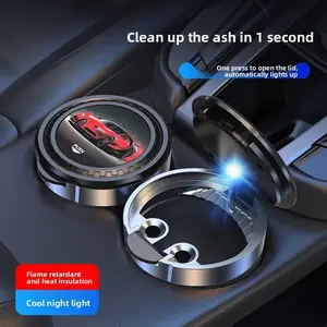 Car Ashtray with LED Light - Automatic Push Open, Flame Retardant, Detachable Easy Clean
