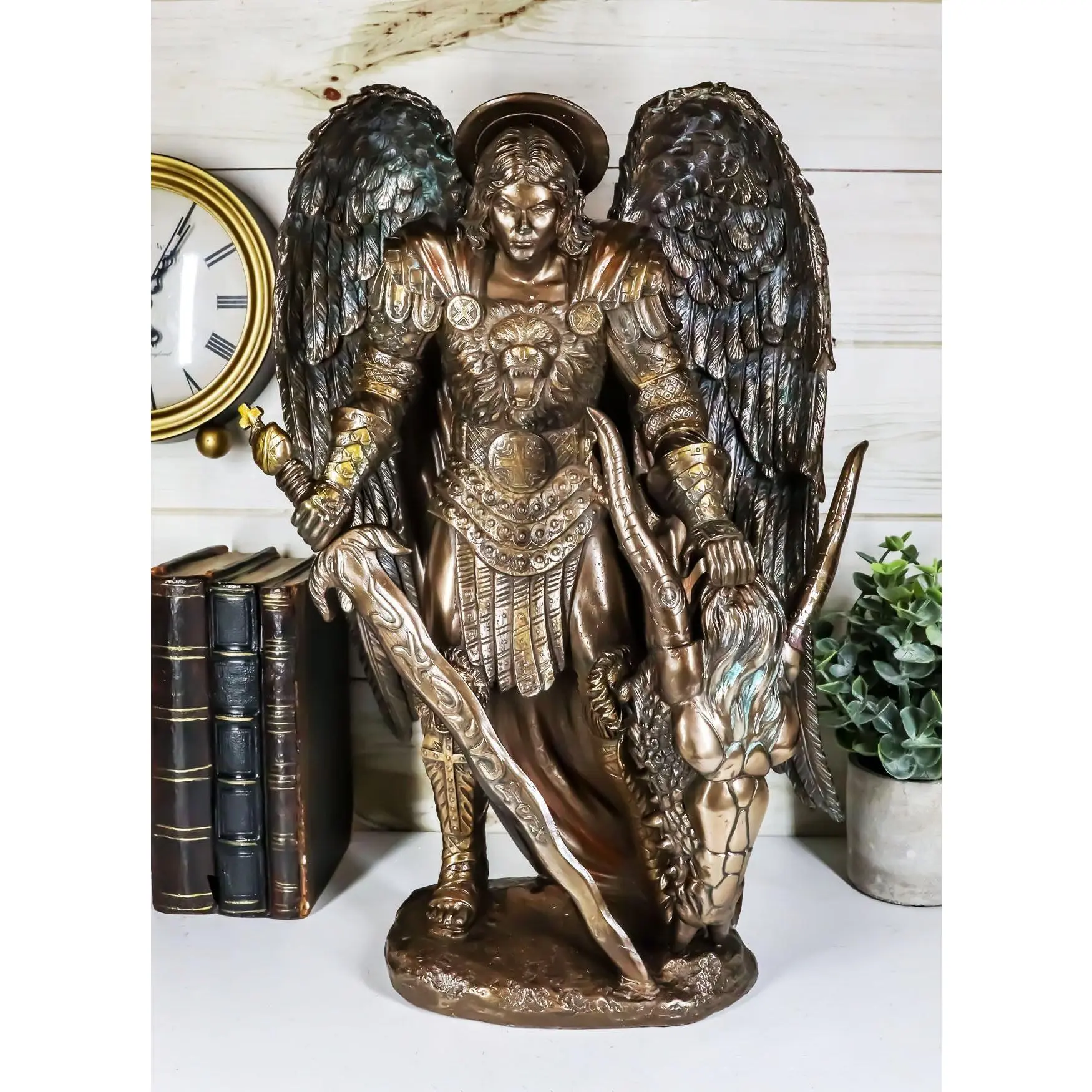 Large Archangel Saint Michael Holding Satan Dragon Lucifer Head Statue 15.5"H