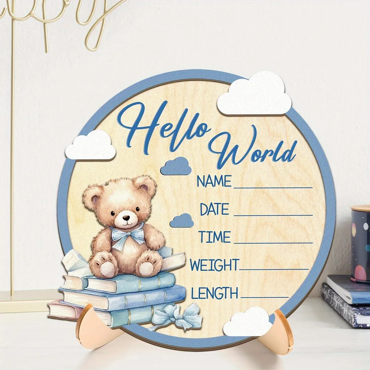 1 Pc Hello World Wooden Birth Announcement Board – Baby milestone plaque, Decorative plaque, vintage plaque decoration, to record date, weight and length, bear design with stand, newborn keepsake and nursery décor gift, Home Decor Gifts
