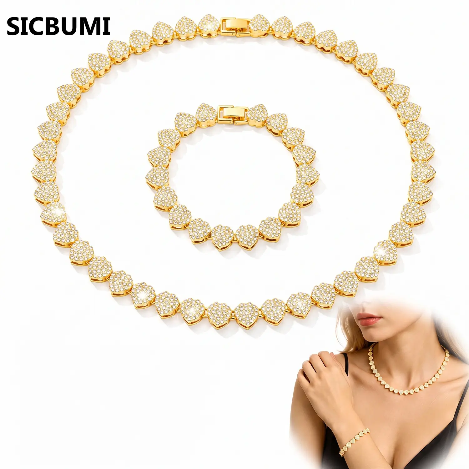 Sicbumi 2PCS Heart Shaped Cuban Link Chain for Men Women, Cuban Necklace Bracelet Set Heavy Strong Link Chain Bling Unisex, Diamond Tennis Chain & Heart Necklace Set, Hip Hop Jewelry