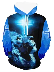 Men's Hooded Sweatshirt, Long Sleeve Pullover, Casual Graphic Design, Fall Winter Streetwear, Lion Print, Fitted Knit Medium Fabric, All Seasons