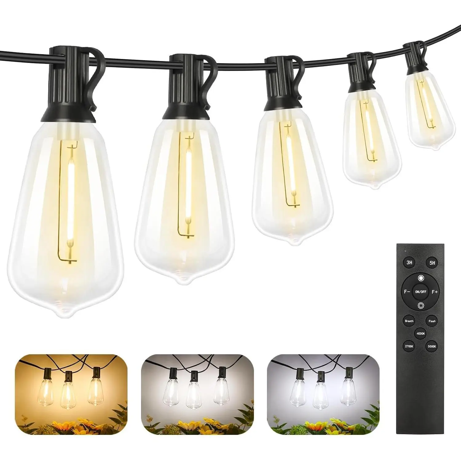 Dimmable Outdoor String Lights with Remote, 3 CCT LED Patio Light for Outside with 25+1 ST38 Edison Bulbs, 50FT 3 Modes Gazebo Lighting Waterproof for Camping, 2700K/4000K/5000K