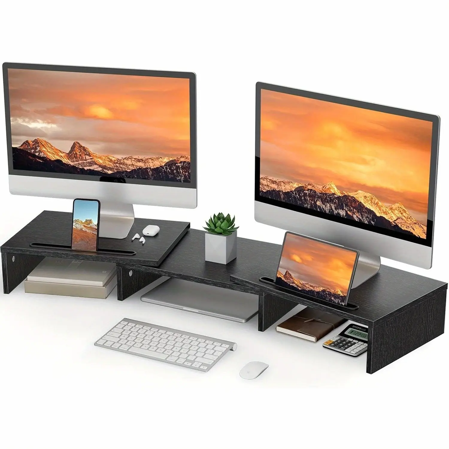 Budget-Friendly 1pc Dual Monitor Stand for 2 Monitors, Wood Desk Riser with Storage Shelves & Tablet/Phone Slots, Space-Saving Ergonomic Computer Stand for PC, Laptop, Printer, Home Office Organization, Modern Aesthetic, Quality Craftsmanship
