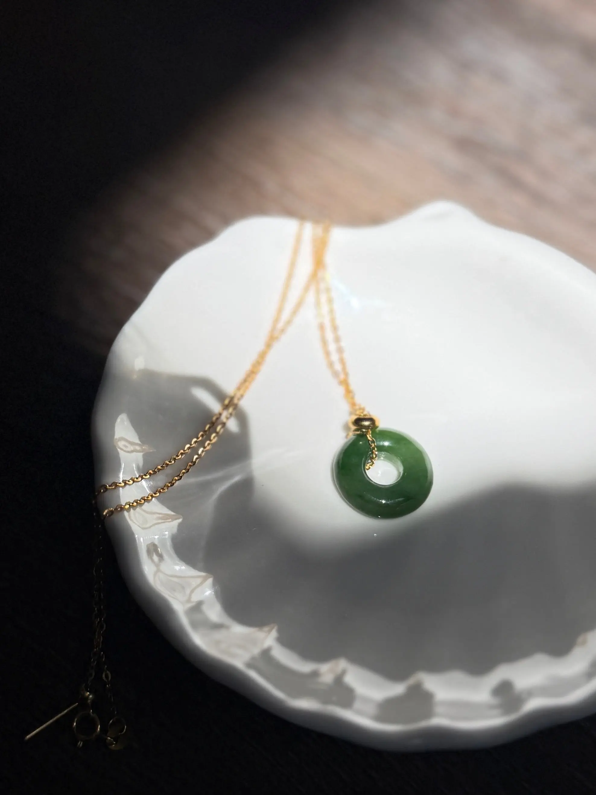 Natural Hetian Jade Necklace, Very Green Donut Nephrite Pendant