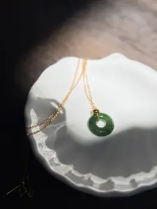 Natural Hetian Jade Necklace, Very Green Donut Nephrite Pendant