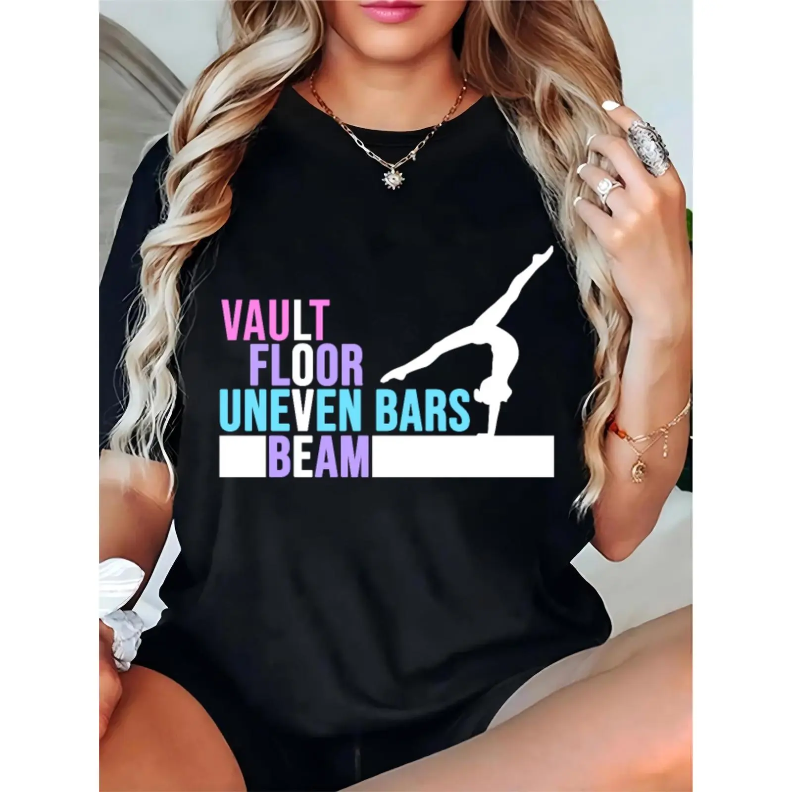Women's Gymnastics T-Shirt with Vault Floor Uneven Bars Beam & Gymnast Silhouette, Casual Sports Tee for Gymnasts, Girls, Teens (Black), Shortsleeve, Feminine, Comfortable, Fit, Tshirt, Cotton, Elegant, Essential
