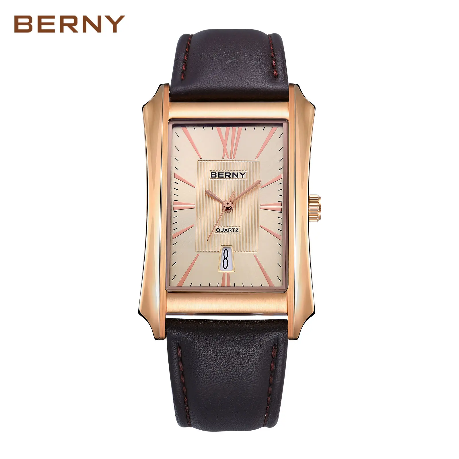 BERNY Casual Quartz Watch for Men Rose Gold Rectangular Dial Stainless Steel Case Leather Strap Date Display Water Resistant Stylish Business Analog Wristwatch for Men Fashion Gift for all Outfits, Reloj de Hombre, Father's Day, Summer Accessory