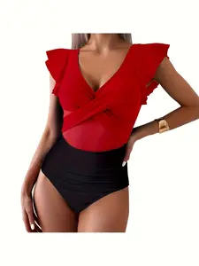 Women's High-Waisted Abdominal Hollow Out Slimming One-Piece Swimsuit with Ruffled V-Neck