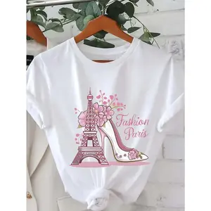 Cotton Short Sleeve  T-Shirt [Relaxed Fit Graphic Tee for] Chic Eiffel Tower & High Heels Graphic Tee for - Soft Polyester Blend, Short Sleeve Crew Neck, Relaxed Fit, Casual Summer & Spring with Floral Accents, Perfect for Travel & Outdoor Activities