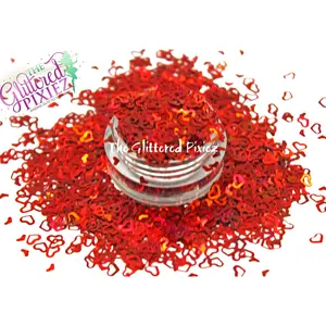 Inferno (Red) Holographic 4mm hollow heart with small heart glitter - Pixie Shapes Collection