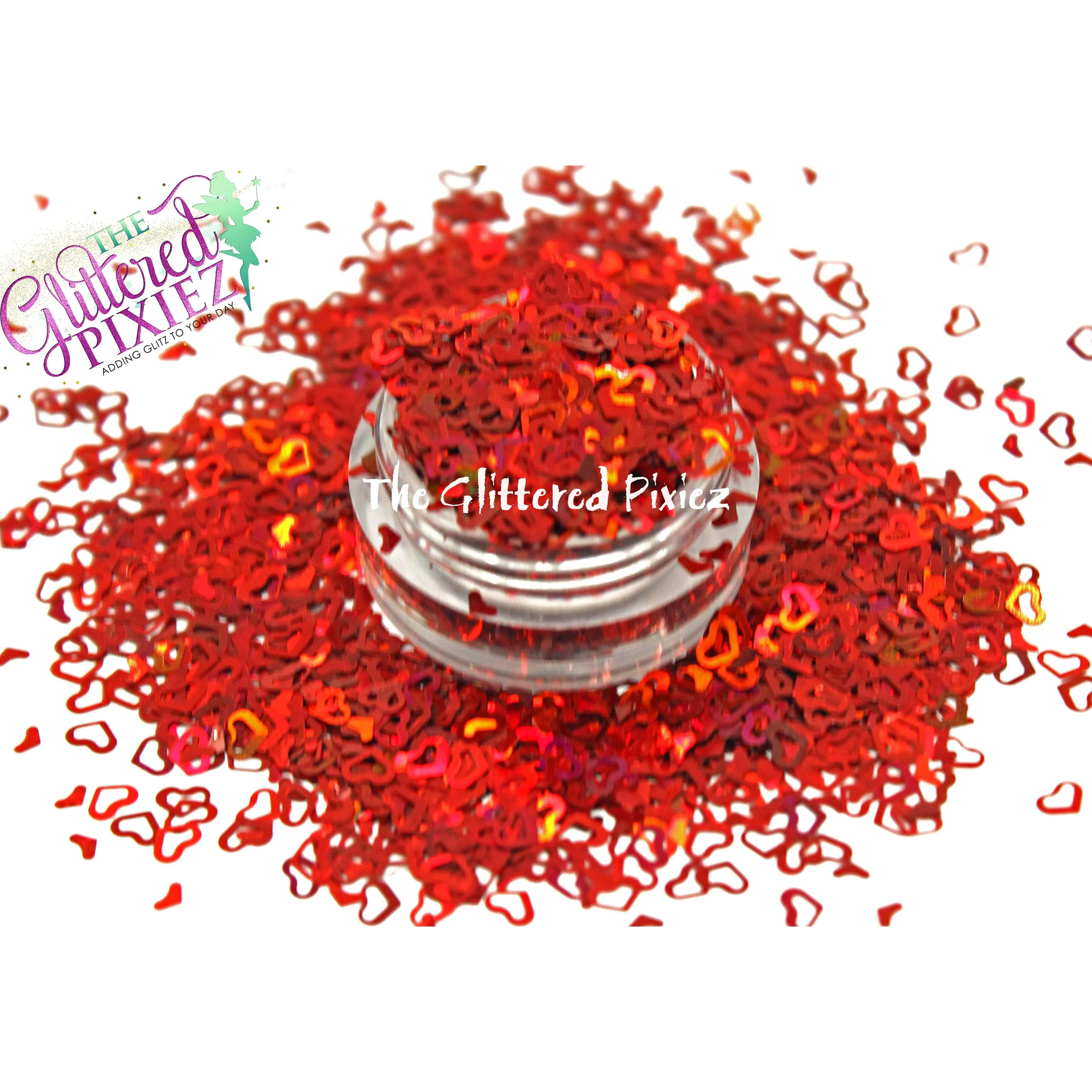 Inferno (Red) Holographic 4mm hollow heart with small heart glitter - Pixie Shapes Collection