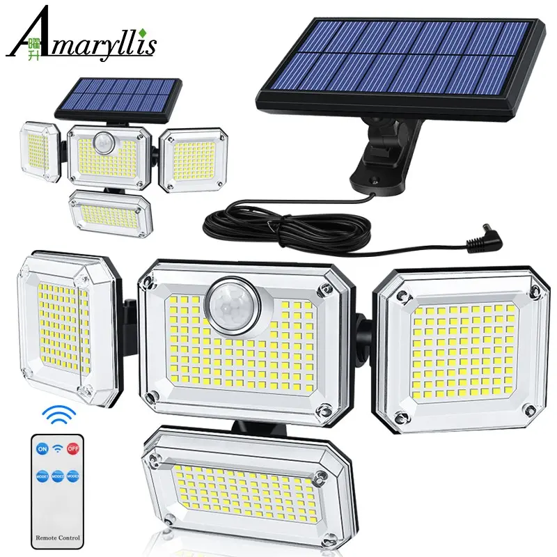20w Solar Light 333led IP65 Waterproof Solar Illuminated Outdoor Indoor Solar Garden Lamp，4 Adjustable Heads Motion Sensor Lights, 3 Modes,Remote Control Flood Lights, Garden, Outside, Backyard, Waterproof Floodlight