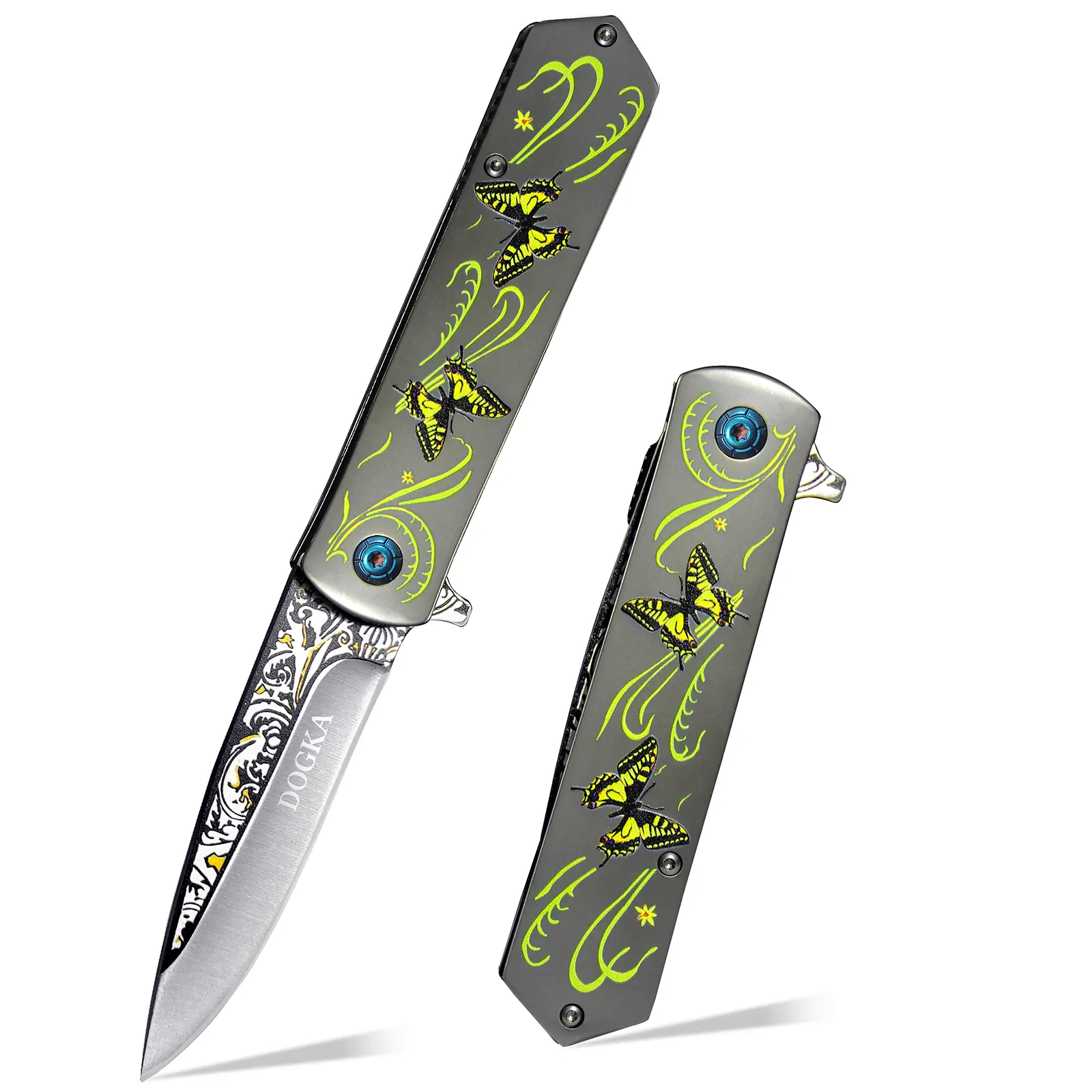DOGKA 20cm Butterfly Pattern Handle Folding Pocket Knife - Decorative Blade Detail, Camping Outdoor Tool with Clip, Whittling Gear, Gift for Adults, Peeling, Everyday Tasks, Unisex, Steel, Compact, Outdoor Tasks, Collectibles, Metal, Ergonomic Handle, Fol