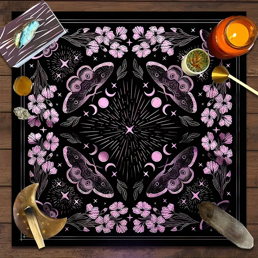 Elegance Pink Moth Celestial Floral Design Square Tarot Tablecloth, Vintage home decor Altar Cloth Multiple Sizes Polyester Fabric, Easy to Clean, Machine Wash and Maintain Decorative Divination Cloth for Spreads & Rituals Gift for family and friends