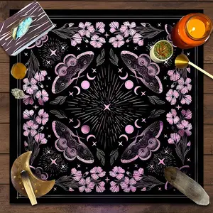 Elegance Pink Moth Celestial Floral Design Square Tarot Tablecloth, Vintage home decor Altar Cloth Multiple Sizes Polyester Fabric, Easy to Clean and Maintain Decorative Divination Cloth for Spreads & Rituals Gift for family and friends